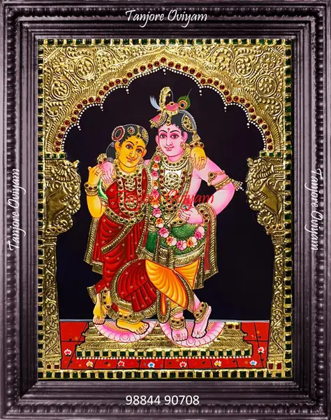 Couple Tanjore painting of Radha Krishna close pose gold foil traditional romantic artwork